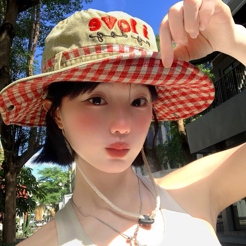 复古字母格纹刺绣渔夫帽女夏季