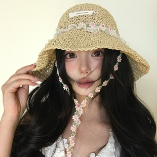 甜美花朵流蘇草帽女夏季 法式 海邊沙灘度假風(fēng)遮陽防曬草編漁夫帽子