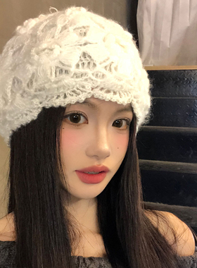 甜美手工钩织镂空白色毛线帽女冬