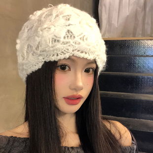 甜美手工钩织镂空白色毛线帽女冬氛围感保暖防寒包头帽针织冷帽子
