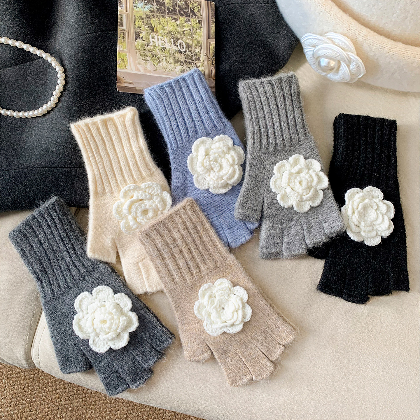 手工针织山茶花防风毛线半指手套女士冬季高级感韩系骑行保暖防寒,服饰配件/皮带/帽子/围巾,手套,淘宝优惠券,粉丝福利购,淘宝优惠卷