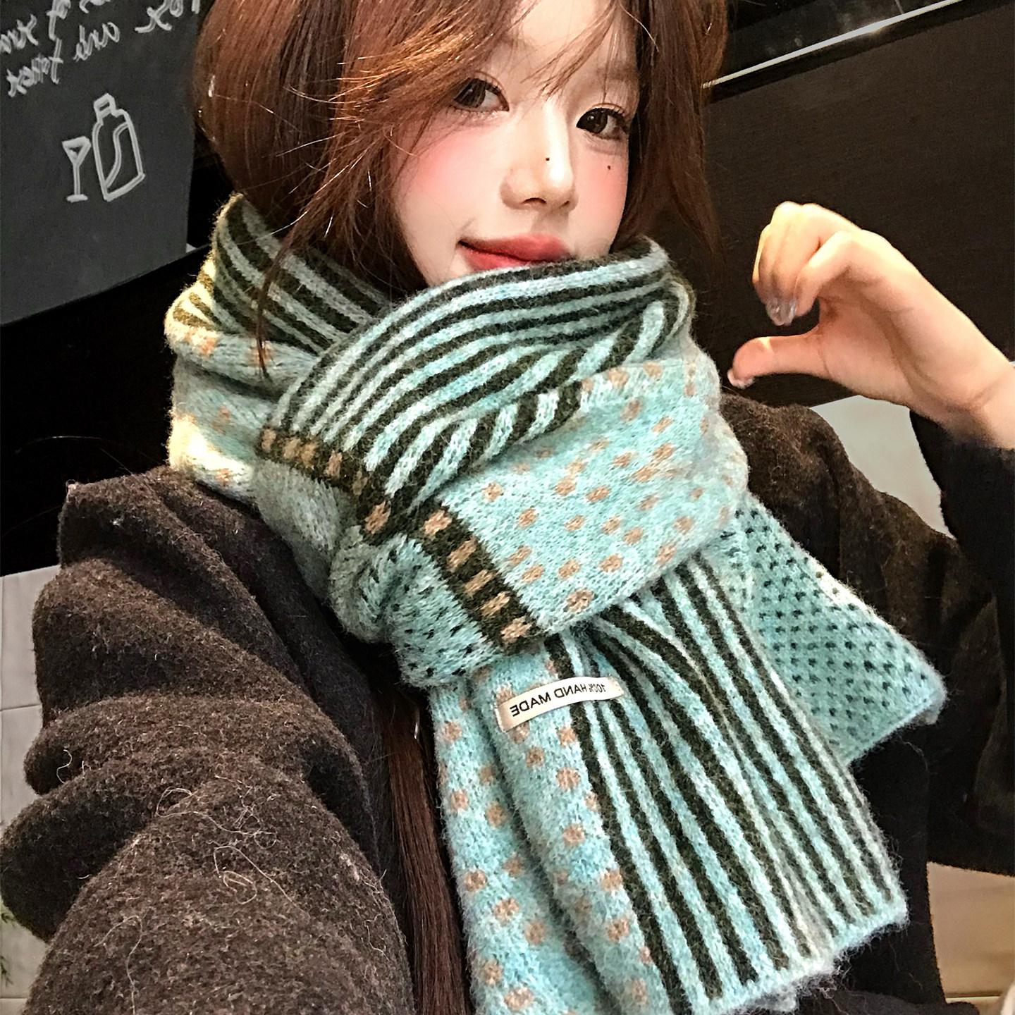 碎花条纹拼接针织围巾女韩系小众设计感秋冬保暖百搭护颈防寒围脖