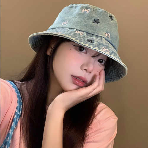 复古水洗做旧蝴蝶结牛仔渔夫帽女