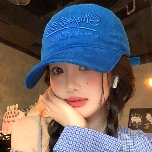 复古蓝色字母刺绣棒球帽女宽帽檐
