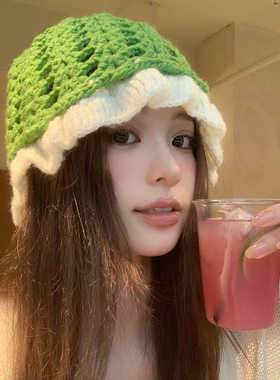 镂空绿色木耳边针织渔夫帽女秋冬
