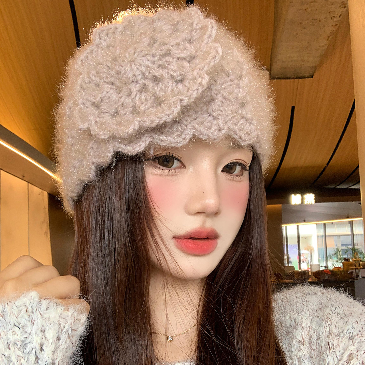 手工编织花朵针织帽子秋冬季保暖