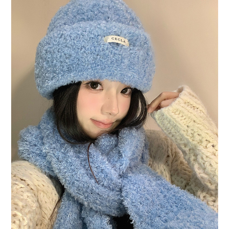 大头围蓝色针织毛绒帽子女2025年