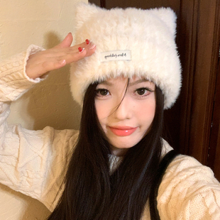 甜美可爱小猫耳朵毛绒帽子女2025年秋冬白色保暖显脸小包头护耳帽
