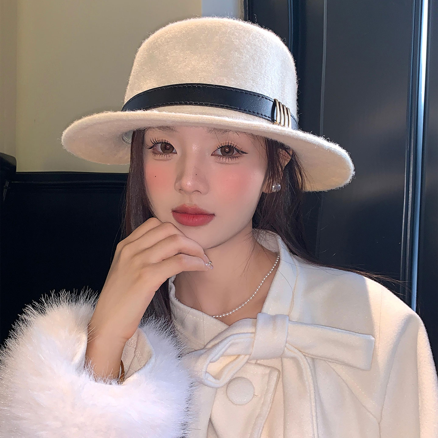 英伦风复古毛呢皮带礼帽女法式
