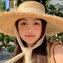 法式蕾丝平顶拉菲草帽女2025年春新款海边度假沙滩大帽檐太阳帽子