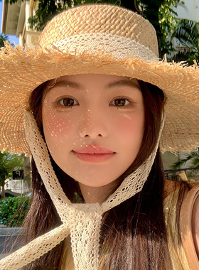 法式蕾丝平顶拉菲草帽女2026年春