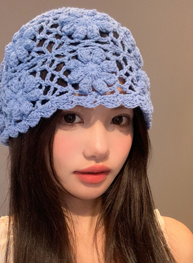 民族风手工钩花蓝色针织帽子女春