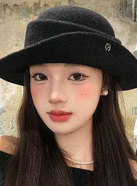 赫本风法式黑色优雅礼帽女秋冬显脸小卷边毛呢千金帽子复古渔夫帽