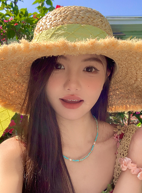 绿色系带拉菲草帽女春夏季新款大帽檐沙滩帽海边防晒遮阳太阳帽子