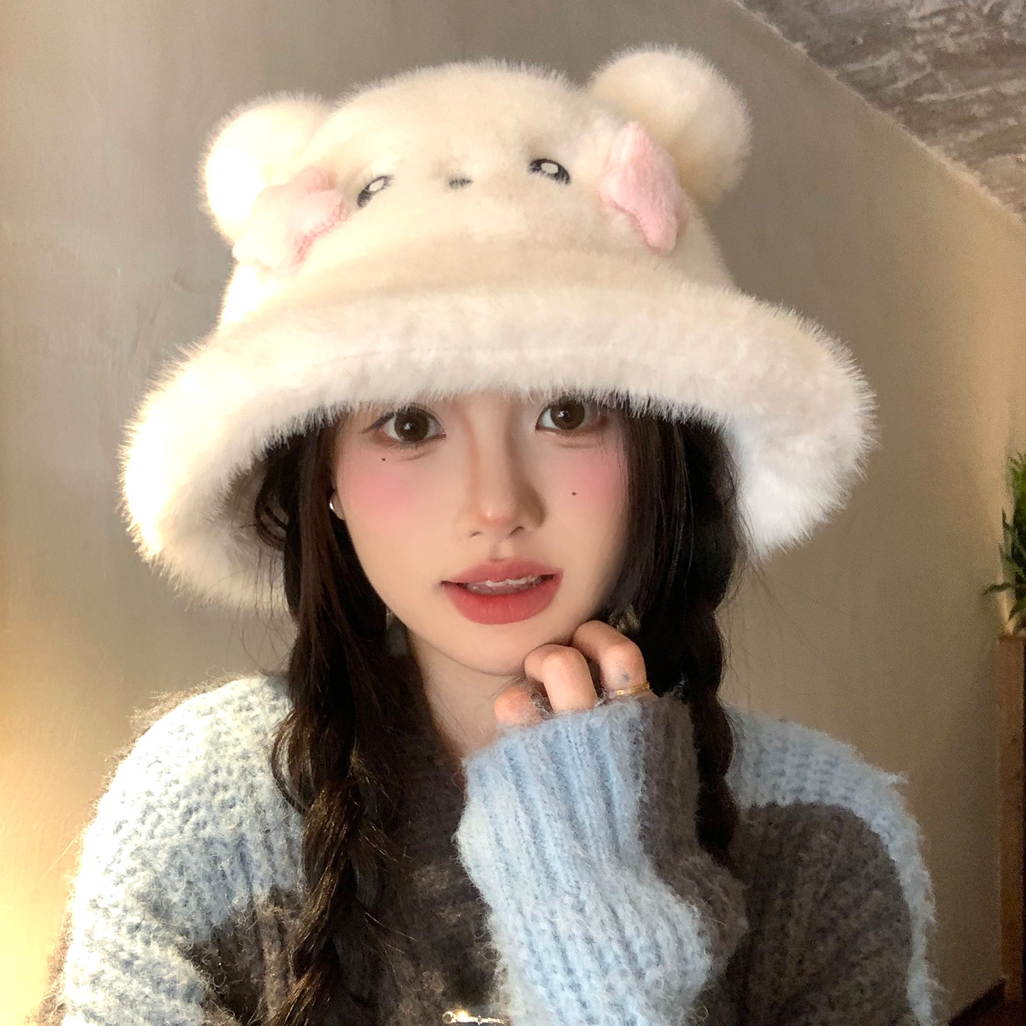 可爱毛绒小熊耳朵渔夫帽女秋冬显脸小护耳水桶帽子保暖大头围盆帽