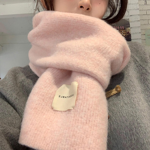 含羊毛粉色毛线围巾女2025年冬季 韩系氛围感情侣保暖护颈围脖 新款