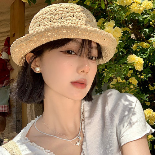 法式卷边镂空透气拉菲草帽子女夏
