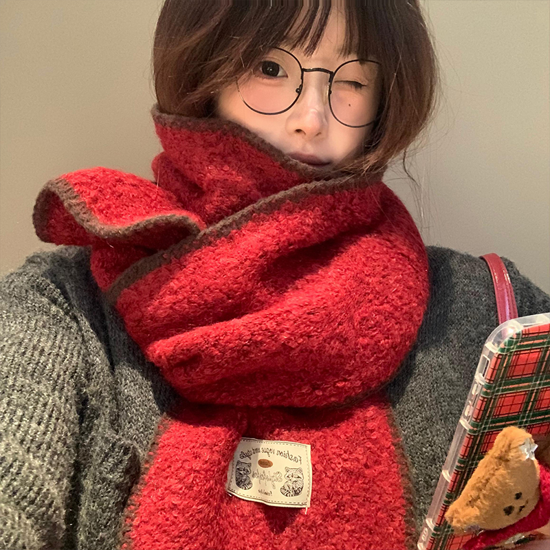 红色圣诞软糯针织围巾女2025年秋冬季韩系氛围感加厚保暖护颈围脖