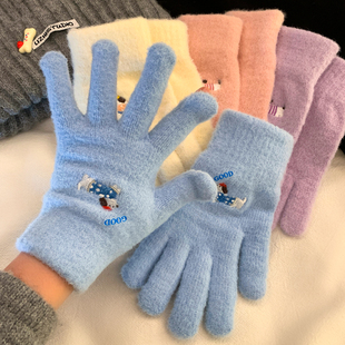 可爱腊肠小狗刺绣针织手套女冬季 加厚保暖可触屏防寒毛绒毛线骑行