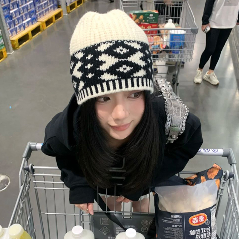 复古菱形格子毛线帽子女秋冬季