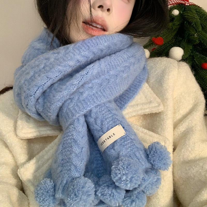 仿羊绒蓝色毛球针织围巾女2025年