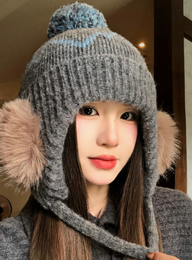 灰色复古毛绒系带针织护耳帽女冬