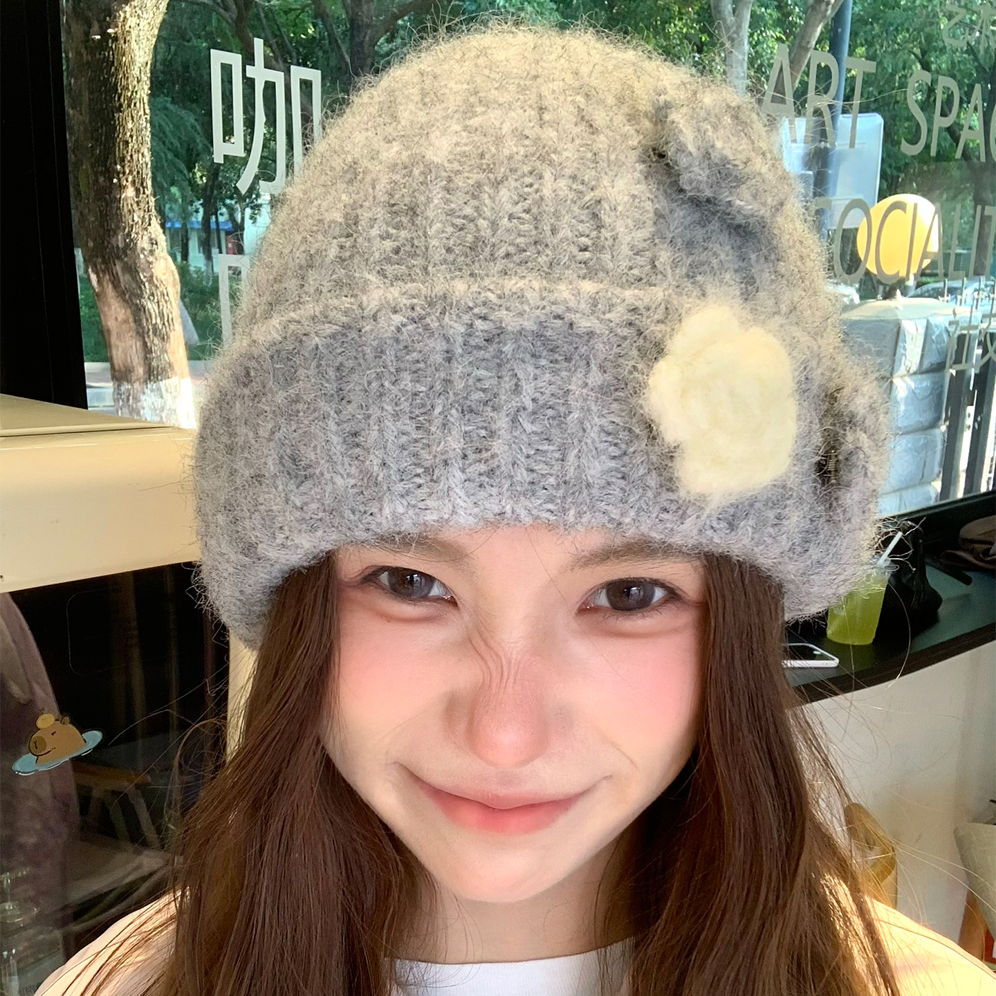 韩系花朵灰色毛线帽女秋冬保暖