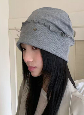 灰色木耳边翻边针织冷帽女秋季