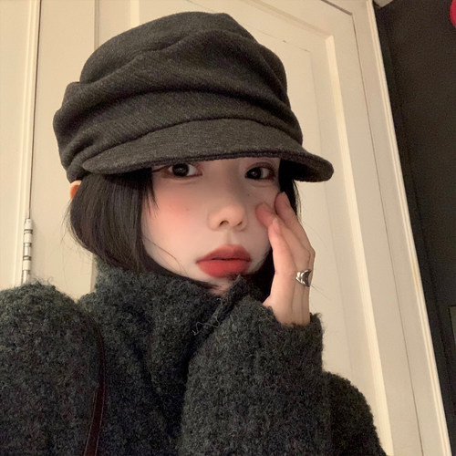 日系山本风黑色褶皱贝雷帽女秋冬