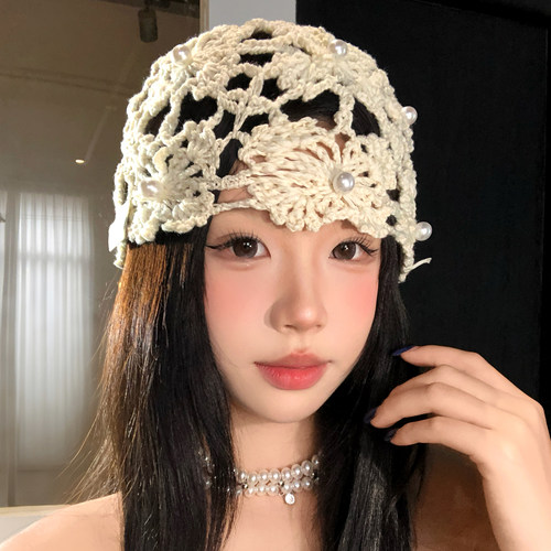 手工编织花朵珍珠镂空包头帽女士