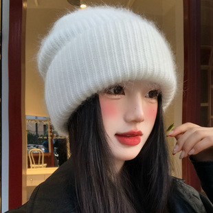 兔毛白色简约毛线帽女冬季加厚保暖冷帽韩系大头围显脸小针织帽子
