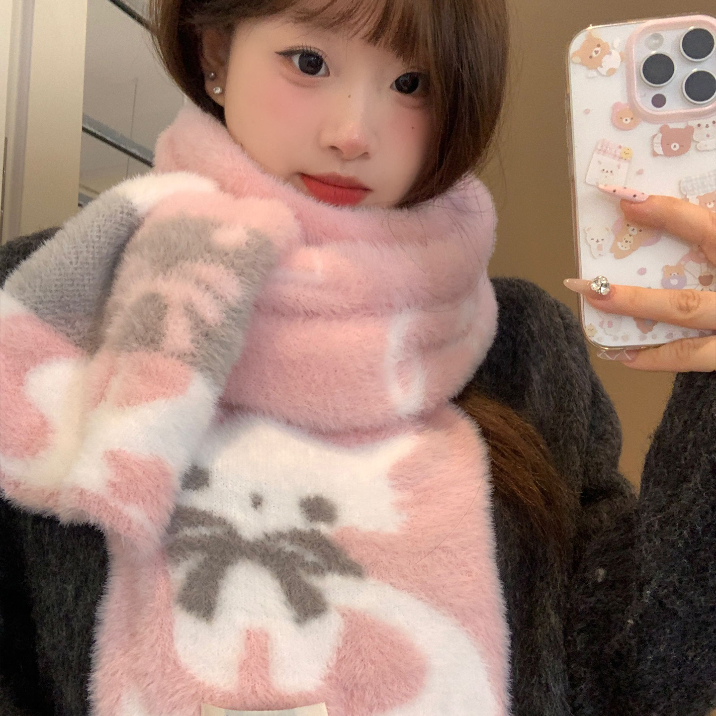 可爱粉色天使猫咪软糯针织围巾女