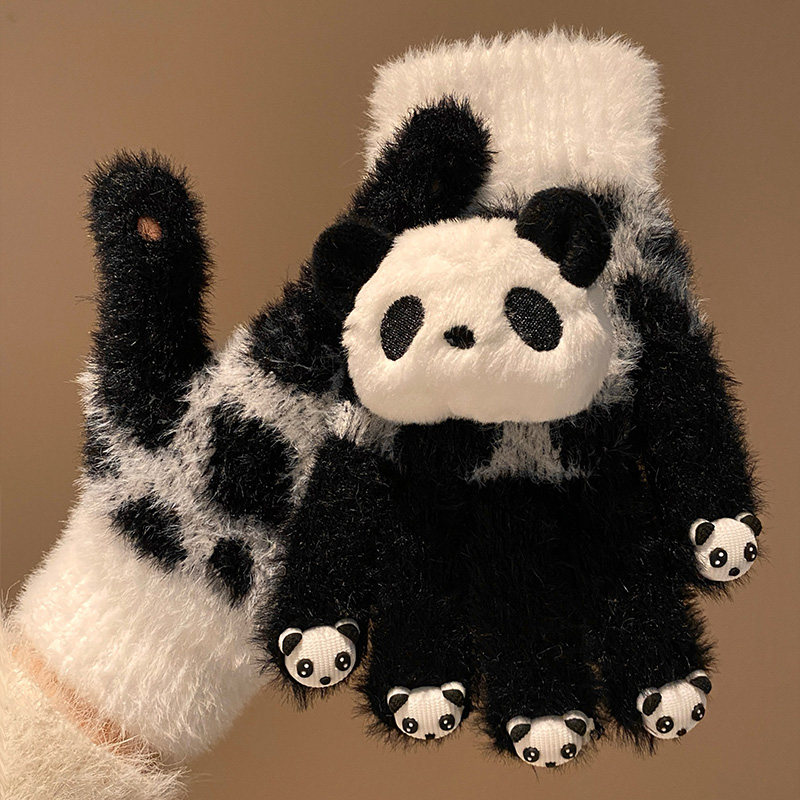 可爱小熊猫五指毛绒针织手套女冬季可触屏学生骑行加厚保暖防寒潮,服饰配件/皮带/帽子/围巾,手套,淘宝优惠券,粉丝福利购,淘宝优惠卷