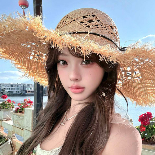 法式镂空拉菲草帽女夏季海边沙滩