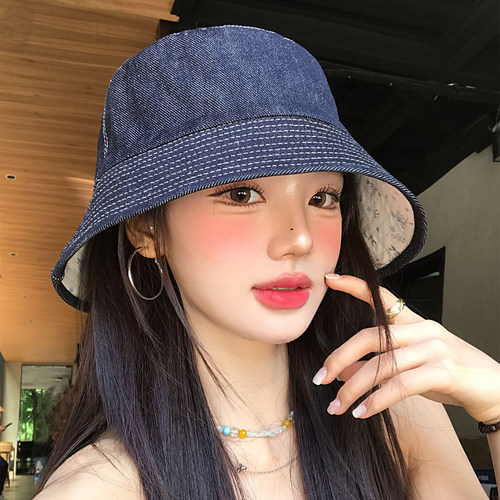 日系复古牛仔碎花双面渔夫帽女