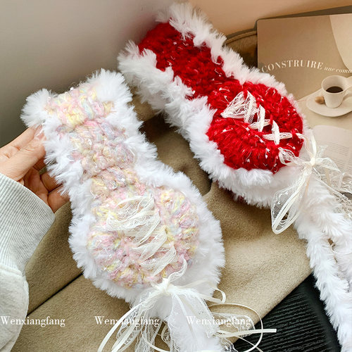 蝴蝶结绑带红色圣诞针织毛线耳罩