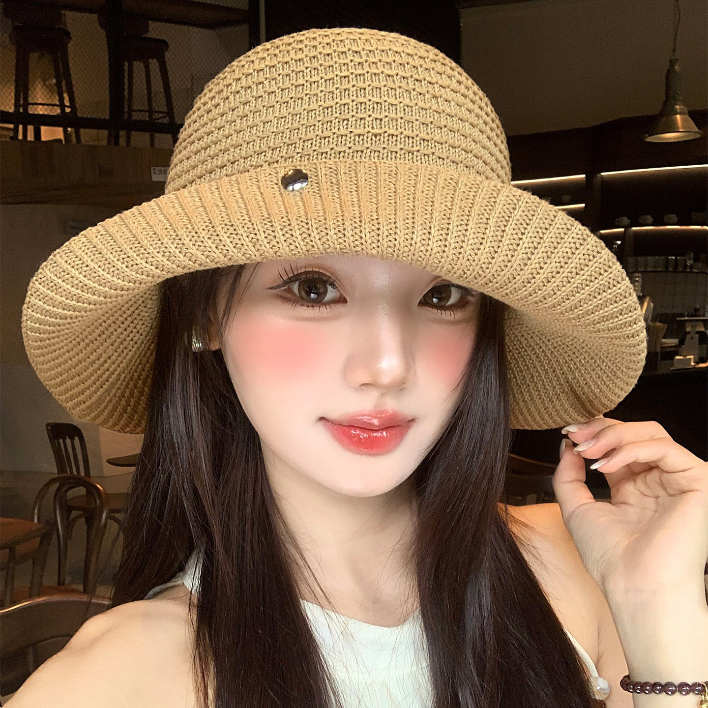 新款磁吸扣针织渔夫帽女夏季大帽檐遮阳防晒盆帽户外度假太阳帽子