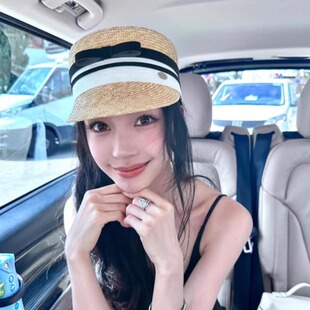 易梦玲同款蝴蝶结草帽女夏海边度假风遮阳礼帽高端时尚平顶马术帽