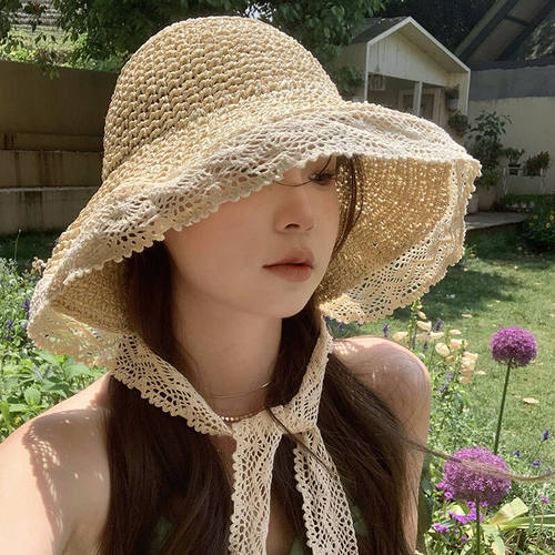 赫本风镂空蕾丝系带草帽女夏大檐