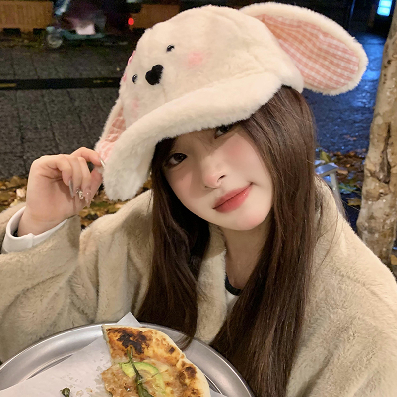 可爱腮红兔耳朵蝴蝶结毛绒棒球帽