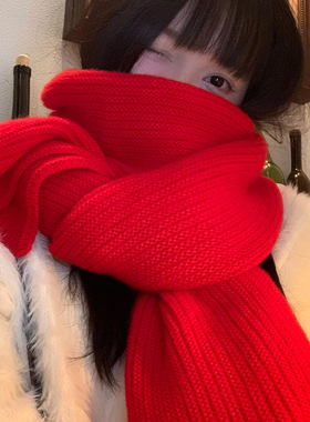 问香坊新年过年红色针织毛线围巾