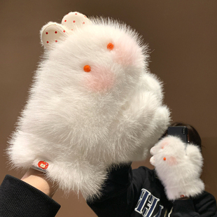 可爱白色小兔子波点毛绒手套女冬季加绒加厚骑行保暖防寒全包挂脖