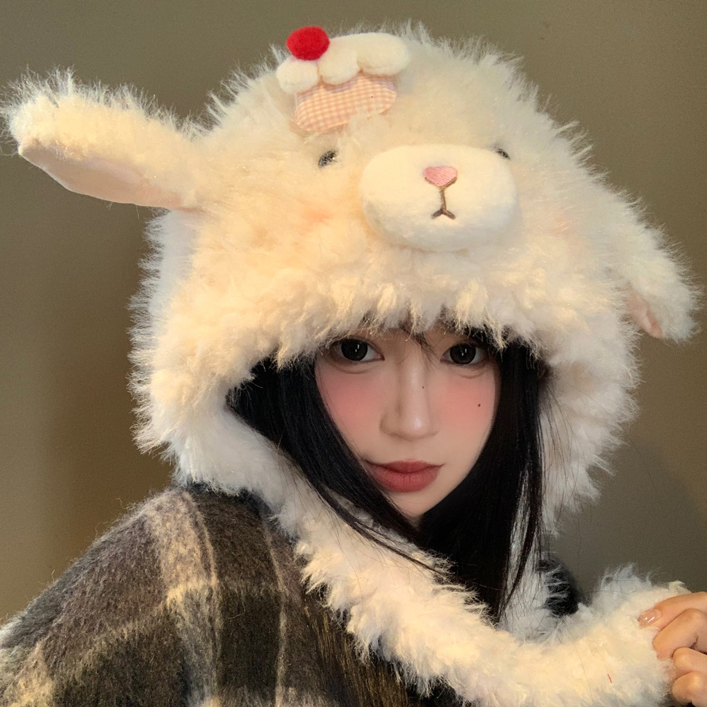 毛茸茸可爱小羊耳朵毛绒帽冬加厚