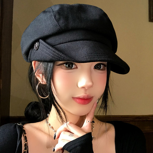 复古卷边纽扣八角贝雷帽女高级感