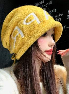 川西黄色字母抽绳针织堆堆帽女秋