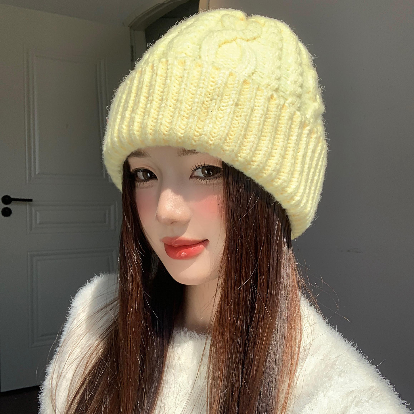 黄色加厚针织毛线帽女秋冬季