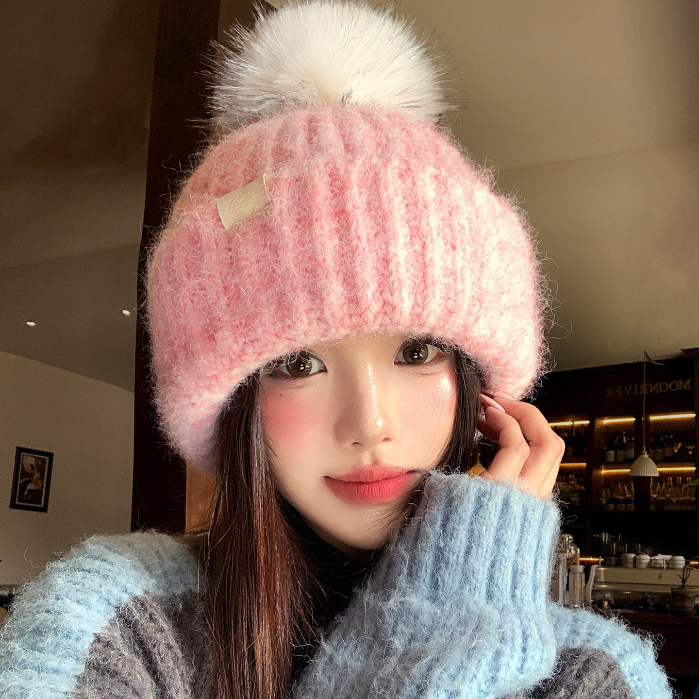 粉色可爱毛球针织毛线帽女秋冬季软糯甜美保暖护耳显脸小套头帽子