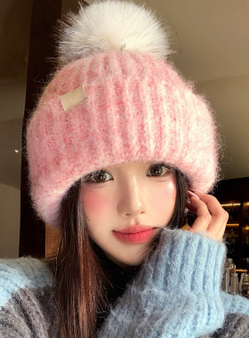 粉色可爱毛球针织毛线帽女秋冬季
