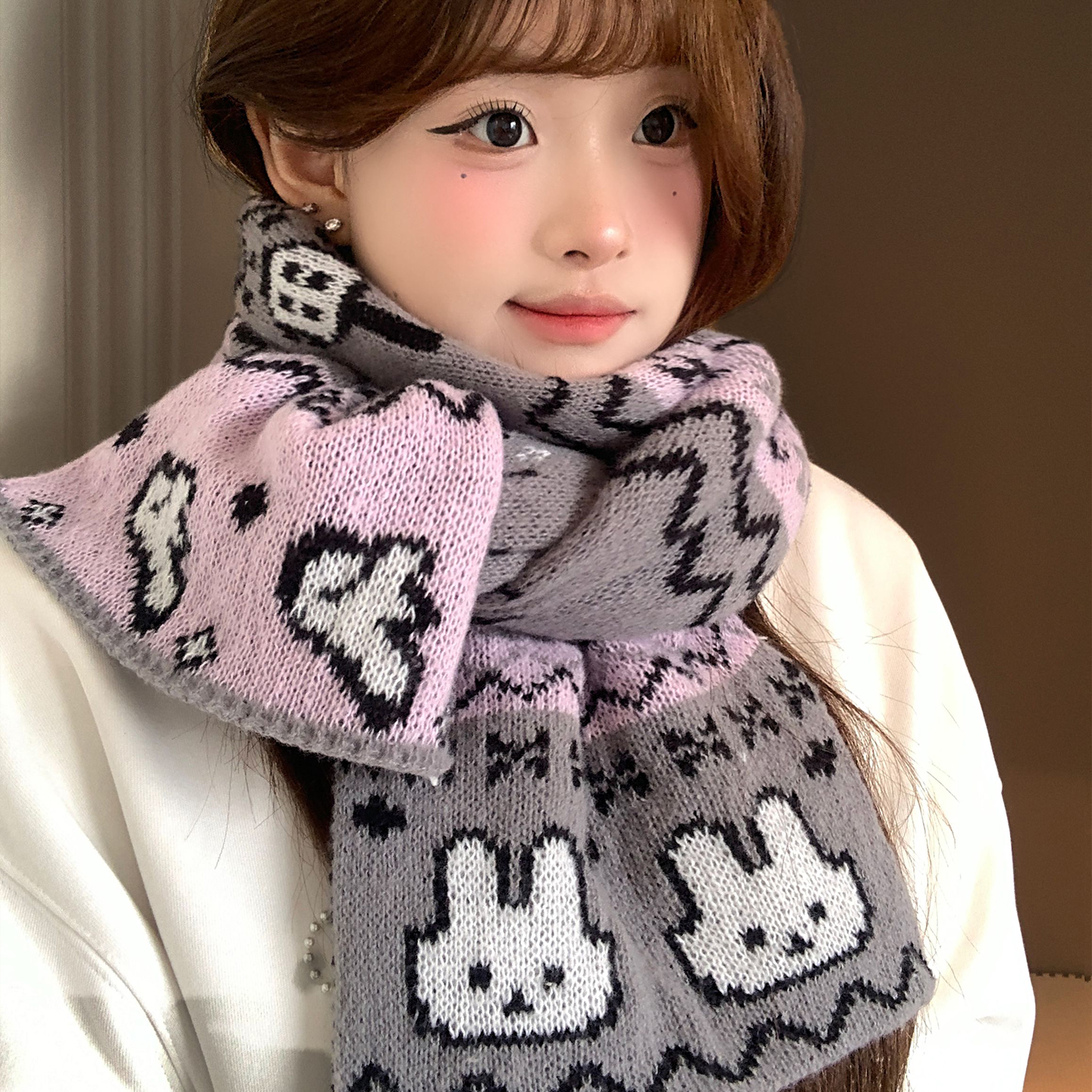 可爱小兔子双面撞色针织围巾女生