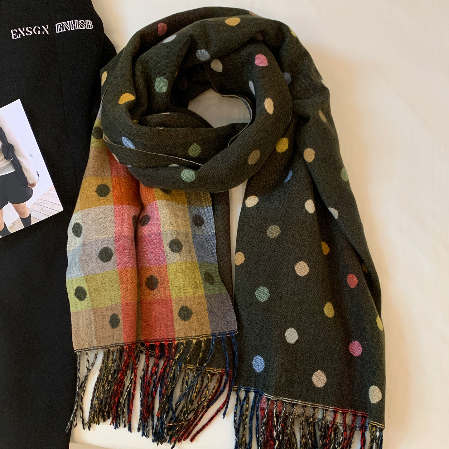 软糯双面拼色波点围巾冬保暖披肩